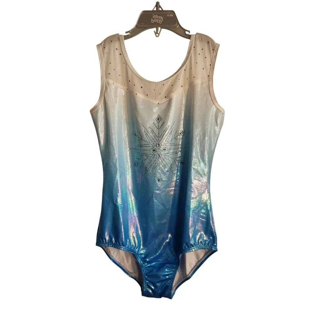 Frozen Theme Ombre Shimmer Snowflake Rhinestone Gymnastics Dance Sz 12 Girls New